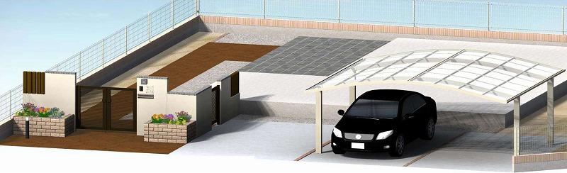 門・アプローチ、駐車場の新築外構工事のパース図